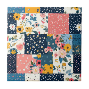 Marineblau-Rosa Cottagecore-Blumenpatchwork Fliese
