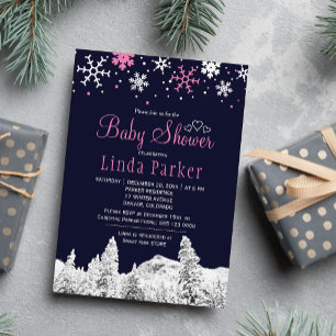 Marineblau rosa weißes Winter-Wunderland-Baby-Part Einladung