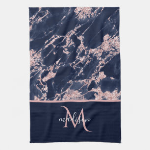 Marineblau & Roségold Marmor Monogramm Elegante Lu Geschirrtuch