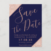Marineblau RosengoldGlitterskript Save the Date Ankündigungspostkarte (Vorderseite)