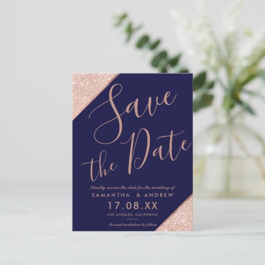 Marineblau RosengoldGlitterskript Save the Date Ankündigungspostkarte (Stehend Vorderseite)