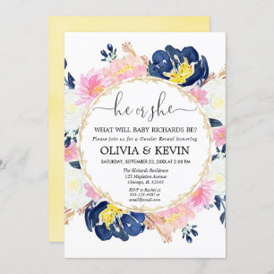Marineblau-rot-rosa Blumengeschlecht Einladung