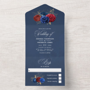 Marineblau, Rot und Gold Blumen Hochzeit Alles in  All In One Einladung