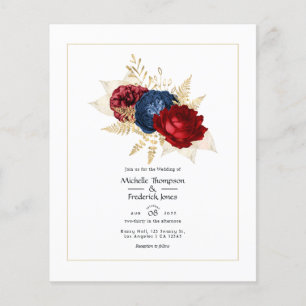 Marineblau, Rot und Gold Blumen Hochzeits-Einladun Flyer