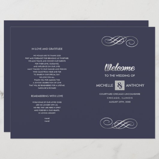 Marineblau | Silver Elegant Folded Wedding Program (Vorne/Hinten)