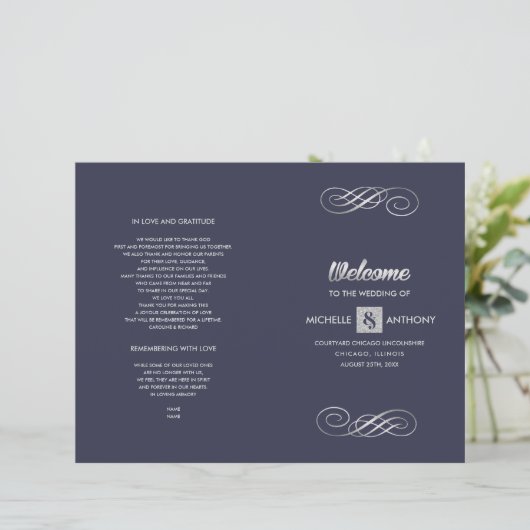 Marineblau | Silver Elegant Folded Wedding Program (Stehend Vorderseite)