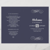 Marineblau | Silver Elegant Folded Wedding Program (Vorderseite)