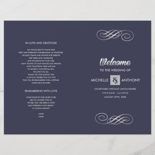 Marineblau | Silver Elegant Folded Wedding Program (Vorderseite)