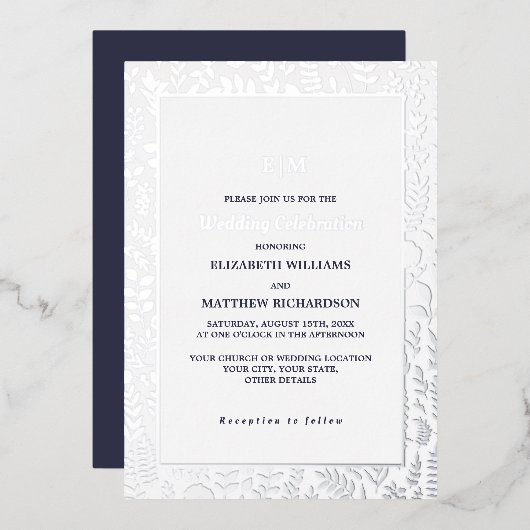 Marineblau | Silver Elegant Luxury Wedding Folieneinladung (Vorderseite/Rückseite)