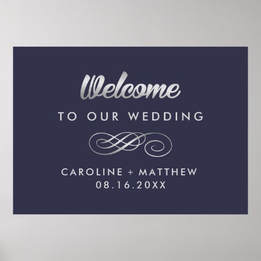 Marineblau | Silver Elegant Wedding Welcome Sign Poster (Vorne)