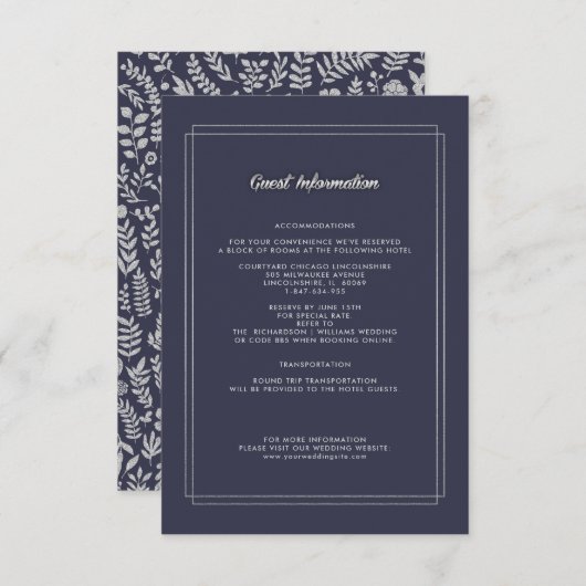 Marineblau | Silver Floral Wedding Details Card Begleitkarte (Vorne/Hinten)