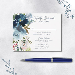 Marineblau & Staubblau Elegante Florale Wasserfarb RSVP Karte