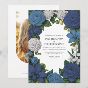 Marineblau, Staubblau und silberne florale Hochzei Einladung