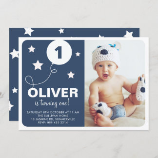 Marineblau | Sterne und Balloons Kinder Foto Gebur Einladung