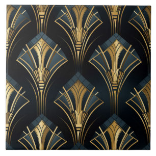 Marineblau und Goldene Art Deco Diamantfächer Fliese