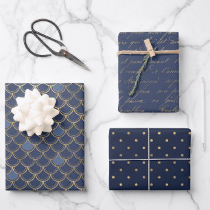 Marineblau und Goldmeer - Thema nahtlos Geschenkpapier Set