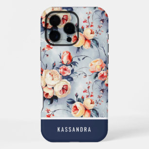 Marineblau und Pfirsich Custom Name Floral iPhone 16 Pro Max Hülle