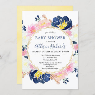 Marineblau und rosa Blütendusche Wasserfarbe Einladung