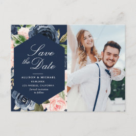 Marineblau und Rosa Foto Save the Date Postkarte