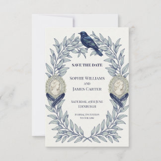 Marineblau und Salbeigrüne Vintage-Cameo-Vögel Save The Date
