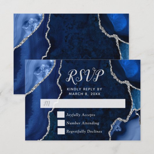 Marineblau und Silber Achat Murmel RSVP Karte (Vorne/Hinten)