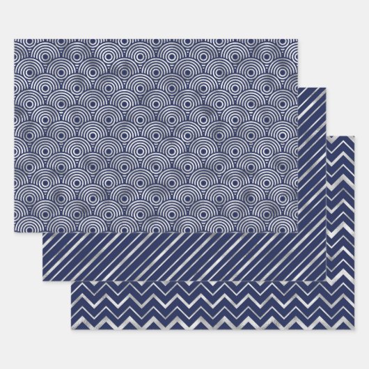 Marineblau und silberne geometrische Muster Elegan Geschenkpapier Set (Set)