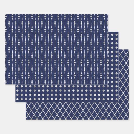 Marineblau und silberne geometrische Muster Elegan Geschenkpapier Set (Set)