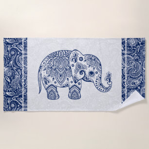 Marineblau und Weiß Blütenpfeffer Paisley Elefant Strandtuch