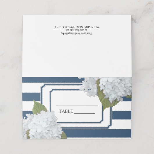Marineblau und weiß gestreifte Hydrangea Platzkarte (Außenseite Aufgefaltet)