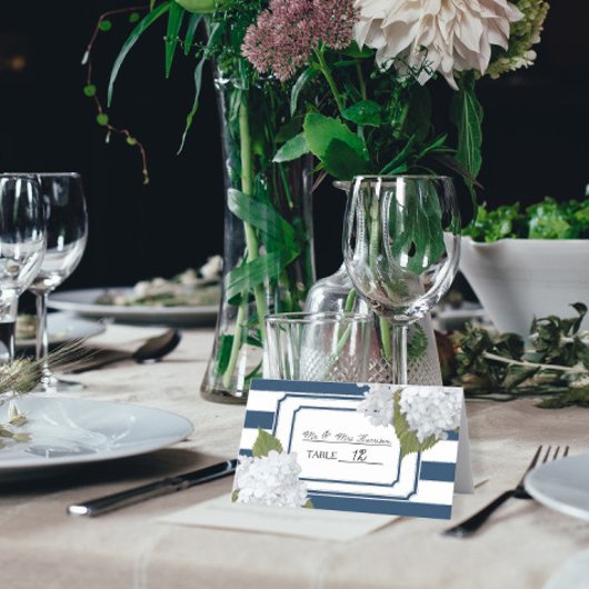 Marineblau und weiß gestreifte Hydrangea Platzkarte