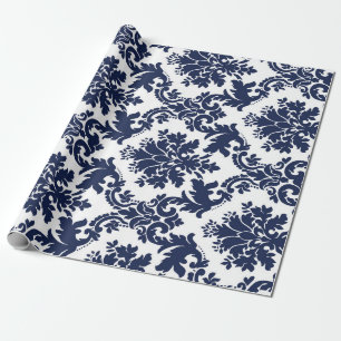 Marineblau-weißer vintage-blumen-damaskus geschenkpapier