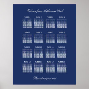 Marineblaue 16-Tisch-Hochzeitssitzplan-Poster Poster