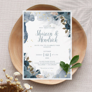 Marineblaue Alkohol-Tinten-Blumen-Hochzeitseinladu Einladung