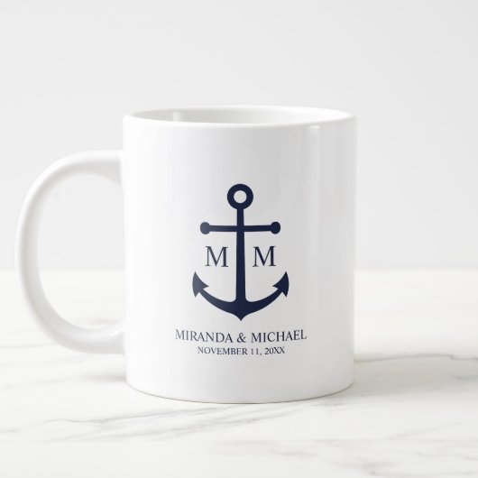 Marineblaue Anker-Hochzeit Jumbo-Tasse (Links)