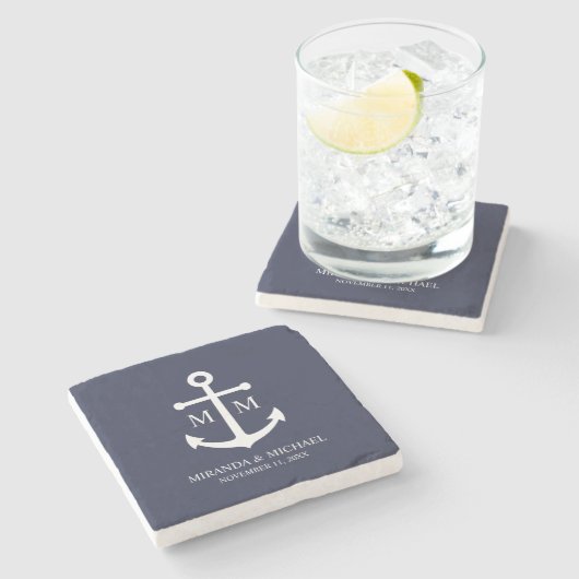 Marineblaue Anker-Hochzeit Steinuntersetzer (Seitenansicht)