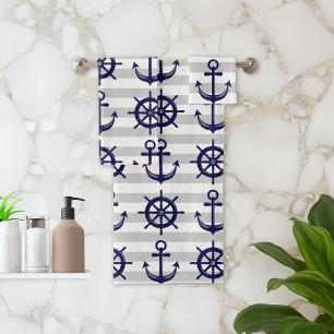 Marineblaue Anker-Schiffsrad-Graustreifen-Nautik Badhandtuch Set
