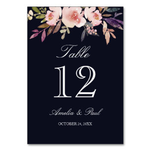 Marineblaue Aquarell-Blumen-Hochzeitstisch-Nummern Tischnummer
