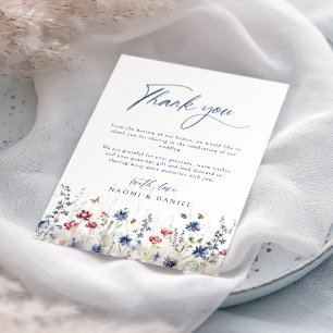 Marineblaue Aquarell-Wildblumenfeld-Hochzeit Dankeskarte