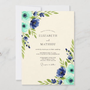 Marineblaue Azurblaue Florale Naturhochzeit Einladung