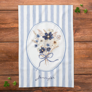 Marineblaue Blumen Blumenstreifen Personalisiert Geschirrtuch