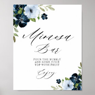 marineblaue Blumen-Brautparty-Mimosa-Bar-Schild Poster