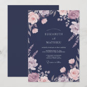 Marineblaue Blumen-Hochzeit Einladung (Vorne/Hinten)