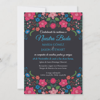 Marineblaue Blumen Hochzeit Elegante Spanische Hoc Einladung