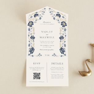 Marineblaue Blumen-Hochzeitseinladung All In One Einladung