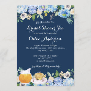 Marineblaue Blumen-Teetassen-Hochzeitsdusche-Einla Einladung