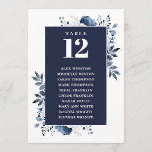 Marineblaue Blumen-Tischnummer-Sitzplan Einladung