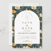Marineblaue Blumenbogen-Hochzeit Elegant Save The Date (Vorderseite)