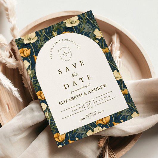 Marineblaue Blumenbogen-Hochzeit Elegant Save The Date