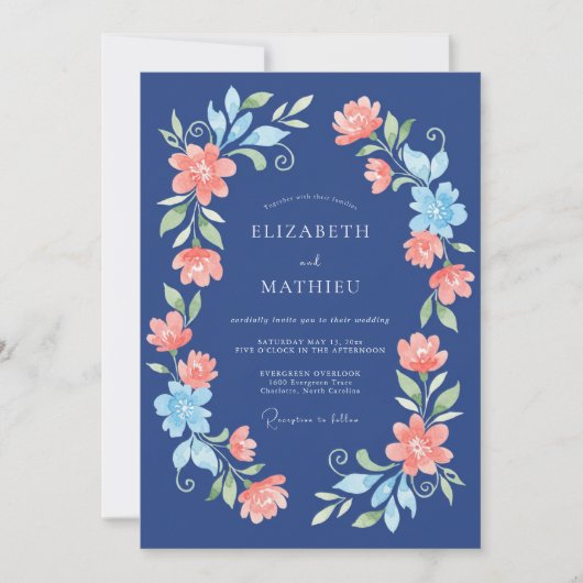 Marineblaue Blumenhochzeit Einladung (Vorderseite)