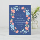 Marineblaue Blumenhochzeit Einladung (Stehend Vorderseite)